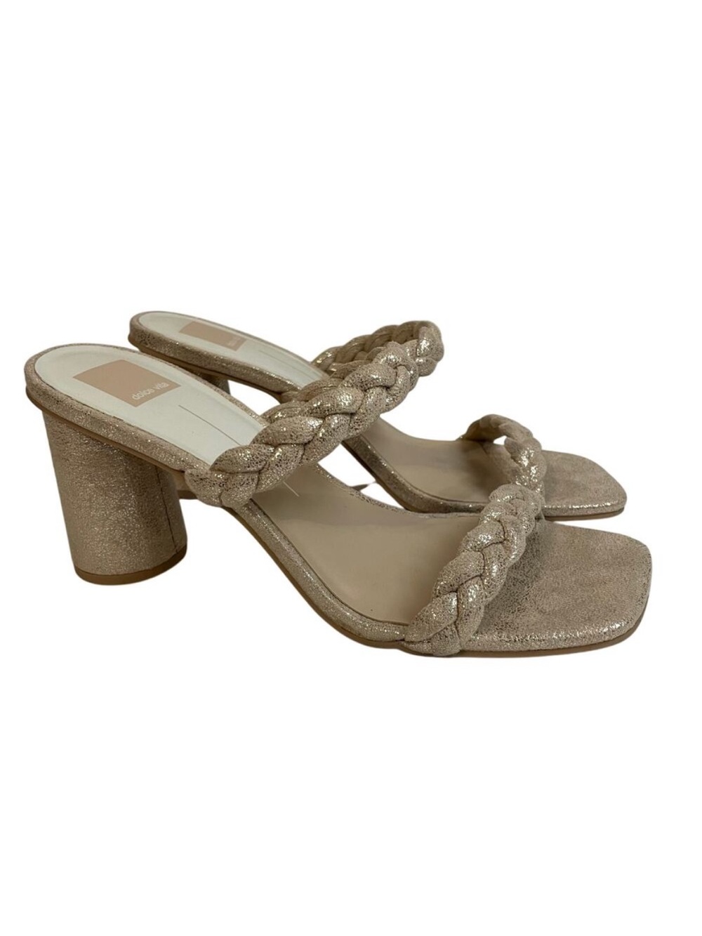 Dolce Vita Nairi Braided Slide Sandal Gold Metallic Cylinder Block Heel Size 9.5